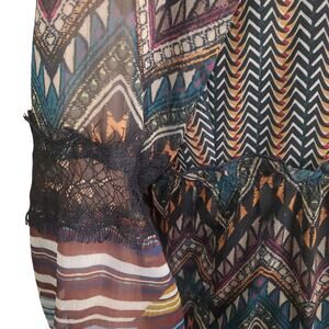 Desigual Lena Boho Patchwork Tiered Mini Dress Sheer Lace Inset Mixed Print US 6